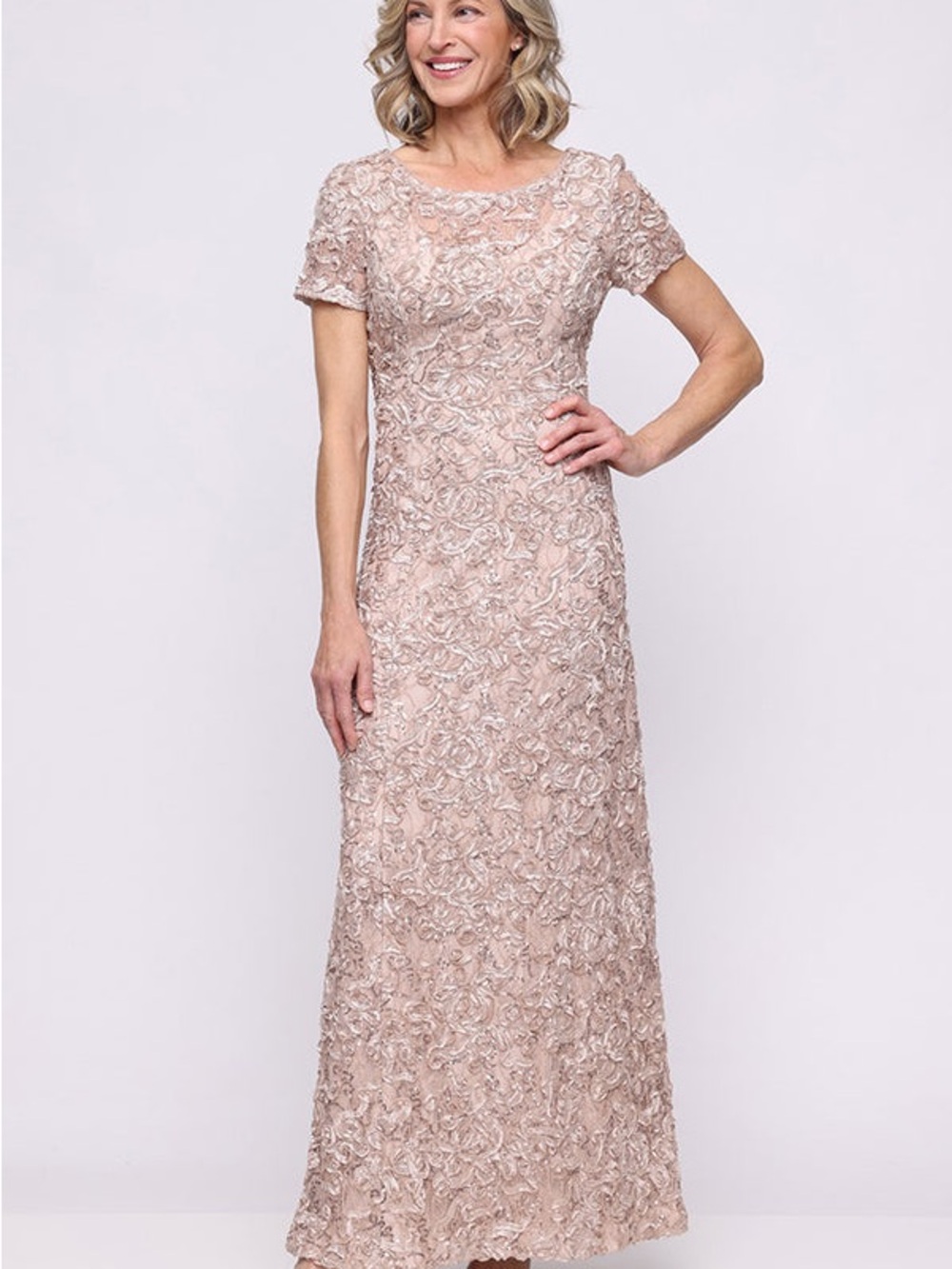 Embroidered Blush Maxi Dress with Short Sleeves
